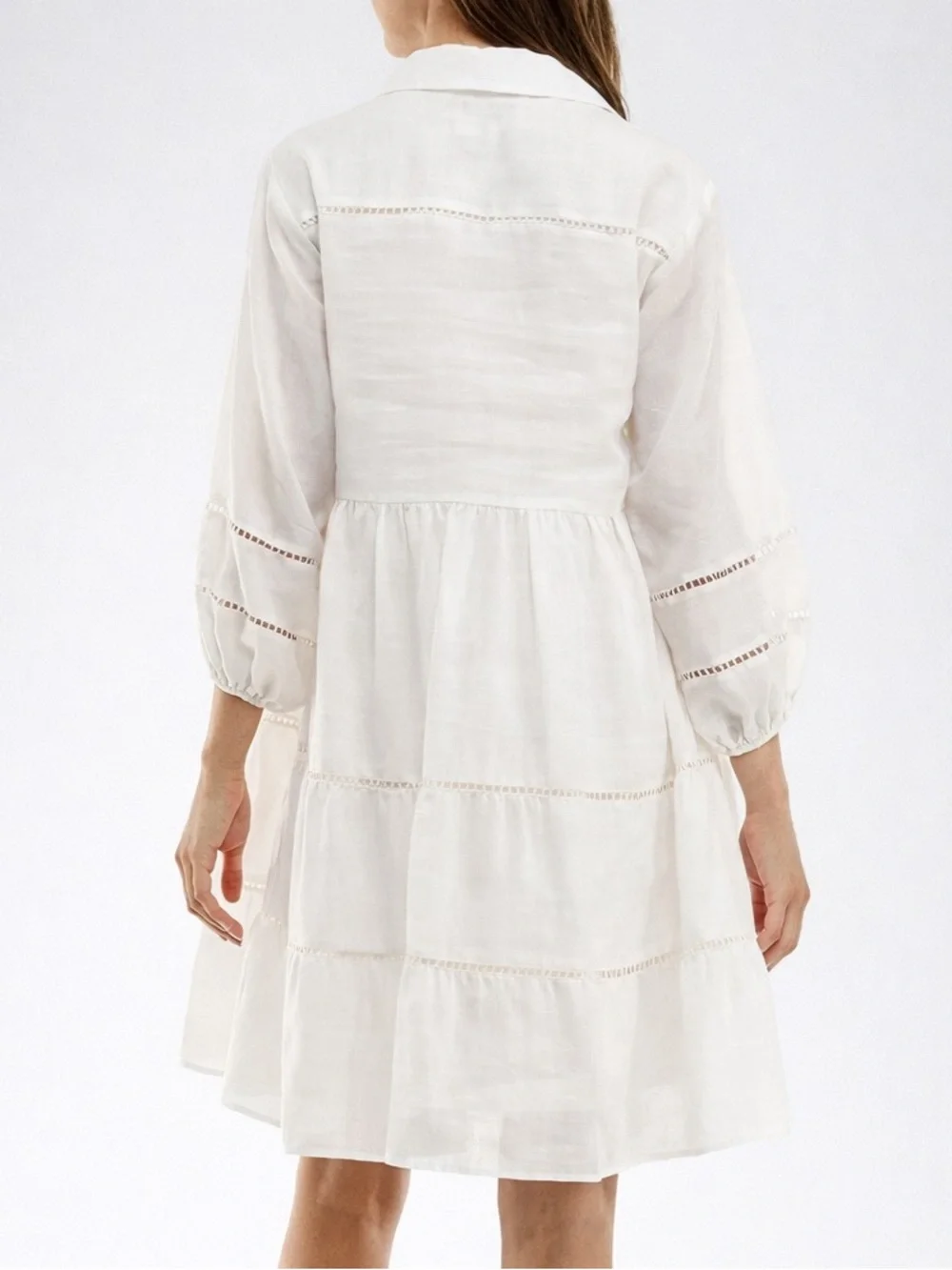 🆕 Taylor Porcelain White Linen Blend Tiered Dress Size 10, 12 Boho Mini Dress - Picture 3 of 17